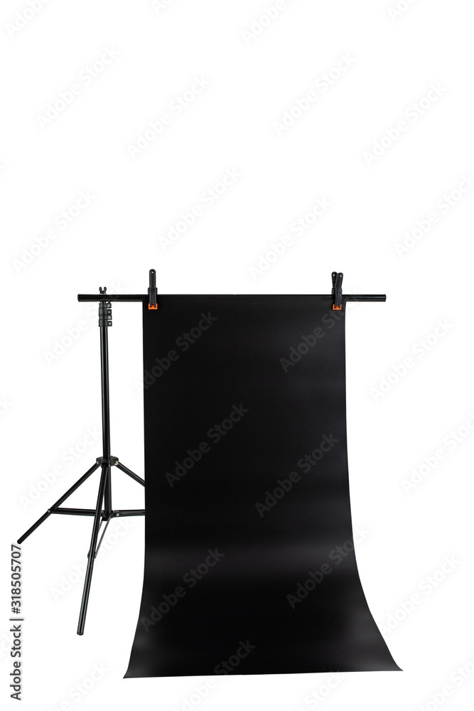 Portable background tripod holder isolated on white background. aluminum stand holder with black photo background Portable background tripod holder isolated on white background. aluminum stand holder with black photo background