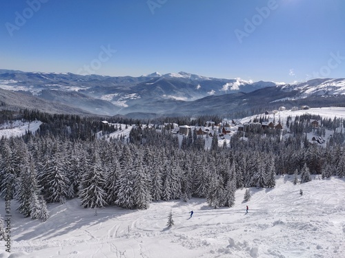 View of the winter mountains. Ski resort.