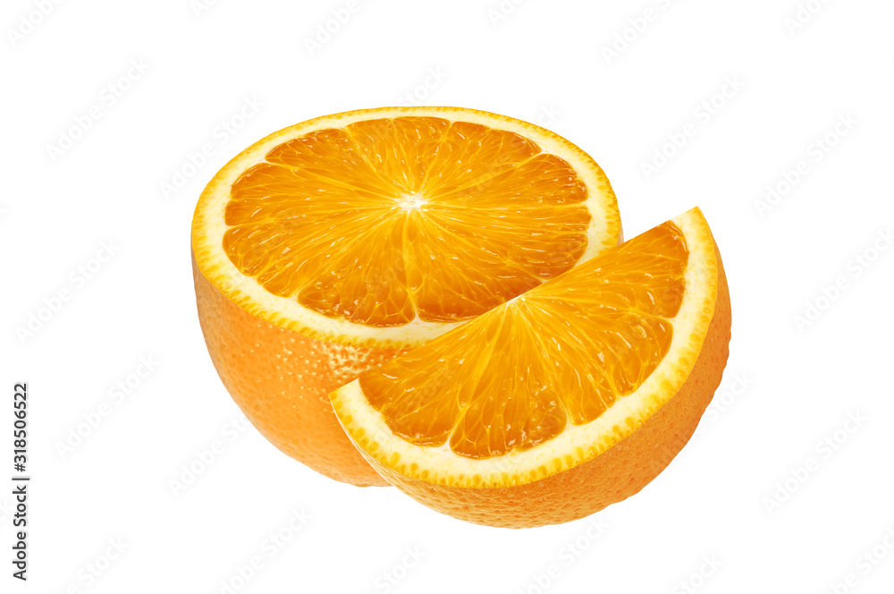 Half and slice of sweet juicy orange fruit isolated on white background