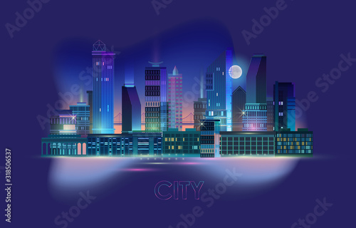 Night city panorama with neon glow on blue background. Vector.