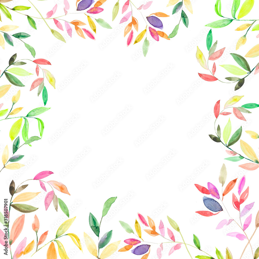 watercolor frame with tropical leaf in Japanese style. Hand drawing for print, poster, background, copy space