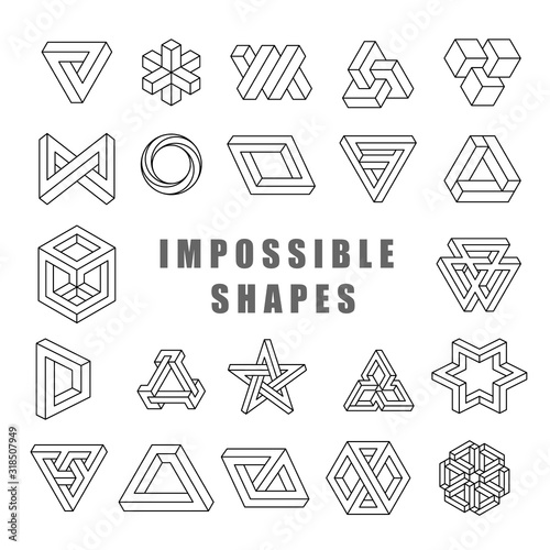 Impossible shapes vector set. Impossible line art collection. Type of optical illusion, reality trick, fascinating objects of geometry. Vector illustration
