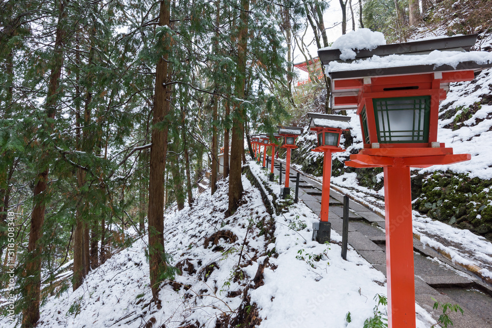 Naklejka premium Uphill walkways to Honden main hall at Mt.Kurama , Kyoto