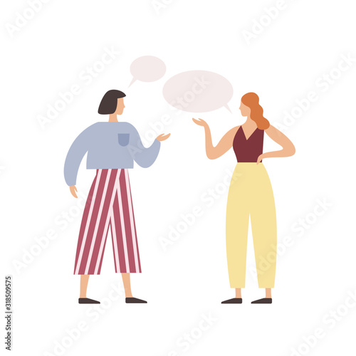 Cartoon woman friend talking with speech bubbles vector flat illustration