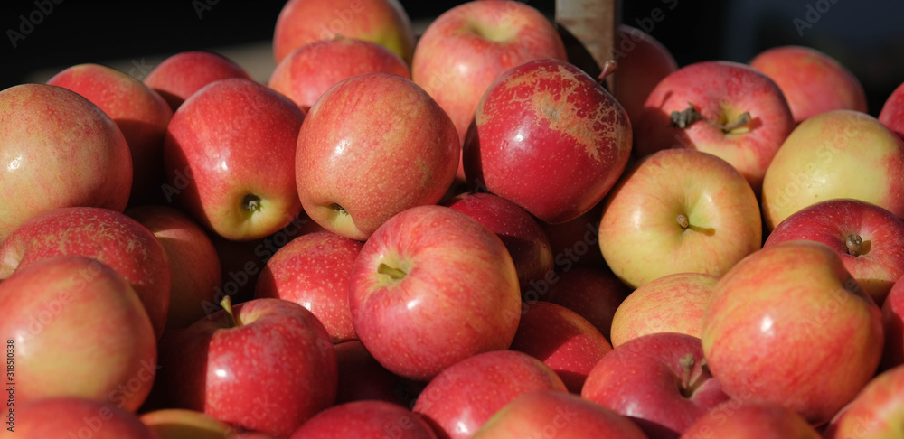 Organic red ripe delicious apples on a counter of farmer's market. Healthy food wallpaper. Traditional hand collecting organic fruit. Natural background, harvesting. Organic red ripe delicious apples on a counter of farmer's market. Healthy food wallpaper. Traditional hand collecting organic fruit. Natural background, harvesting.