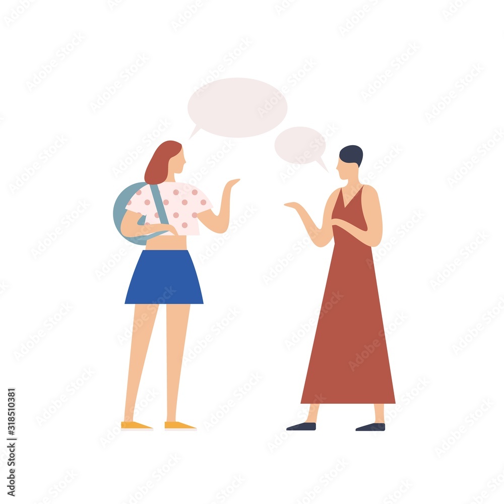 Two young girl gossiping with speech bubble vector flat illustration. People chatting each other isolated on white background. Conversation of casual trendy woman