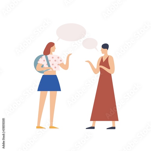 Two young girl gossiping with speech bubble vector flat illustration. People chatting each other isolated on white background. Conversation of casual trendy woman