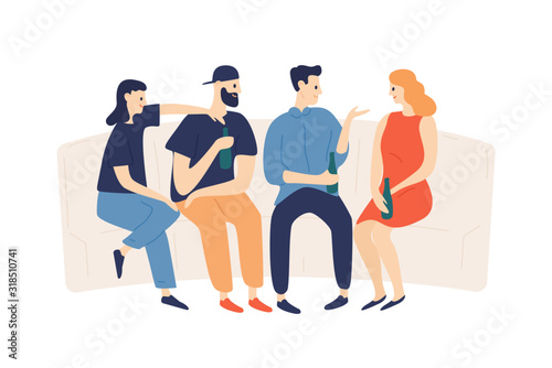 Group of happy friends drinking beer at party vector flat illustration