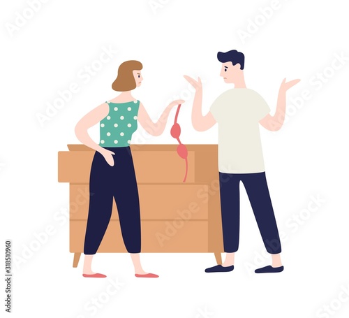 Irritated woman holding lingerie incriminating at treason of male vector flat illustration. Frustrated angry wife shouting to womanizer husband isolated on white. Love triangle concept