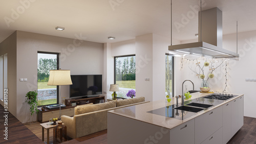 Fototapeta Naklejka Na Ścianę i Meble -  Slightly Illuminated Open Plan Living Room with the Kitchen on Elevated Floor in Daytime 3D Rendering