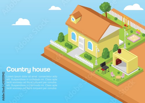 Isometric country house and 3d rural landscape elements vector illustration. Cottage and trees, bushes, summer kitchen with barbeque isometry poster on blue sky with clouds backdrop.