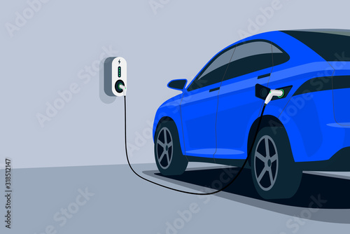 Electric car charging in underground garage home plugged to charger station. Battery EV vehicle standing parking lot connected to wall box. Close up vector being charged with power supply socket. 