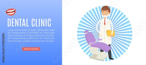 Dental clinic banner vector illustration. Dental chair and dentist doctor for medical care stomatology clinics web banner. Dental clinic and stomatologist web page. photo