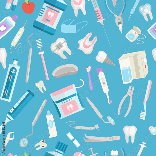 Dental care seamless pattern vector illustration. Dental floss, teeth, mouth, tooth paste and medical dentist instruments on blue background. Dental clinic and stomatologist backdrop.