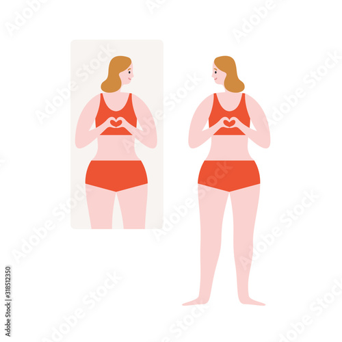 Cartoon smiling woman looking at mirror vector flat illustration