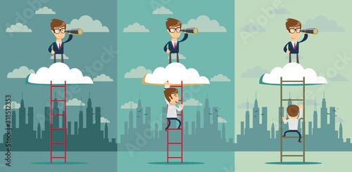 Business leadership vector concept with businessman standing on a ladder going throught the cloud and looking to future with telescope. . Vector flat design illustration.