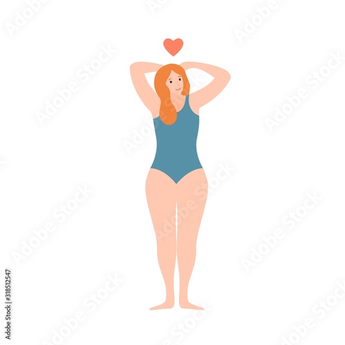 Confident girl in swimsuit smiling love yourself vector flat illustration. Cartoon bodypositive woman enjoying body care isolated on white. Concept of self appreciation and acceptance