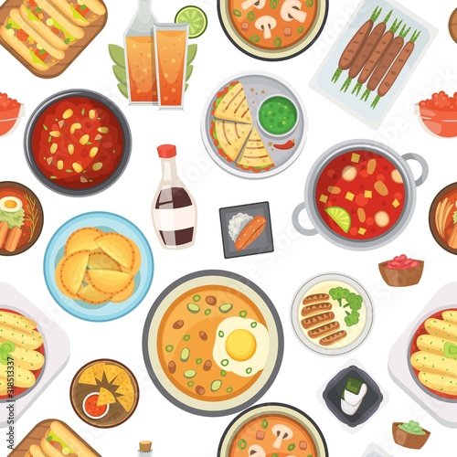 Dinner, lunch and fast food seamless pattern, vector illustration. Junk food and healthy dinner background. Cartoon soups, pizza, hot dog, french fries and pies. For restaurant menu cover backdrop.