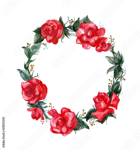 Watercolor scarlet roses wreath on white background 