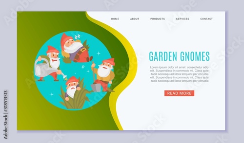 Garden gnomes web template vector illustration. Funny sleeping, watering plants and holding showel dwarf. Fairy tale. Fantastic gnomes figures for garden. Cute garden decorations website.