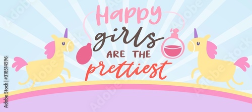 ute unicorns baby girl showel card vector cartoon illustration. Fairytale fantasy banner for birthdays with unicorns and inscription happy girls are the prettiest. Cute fairy horses.