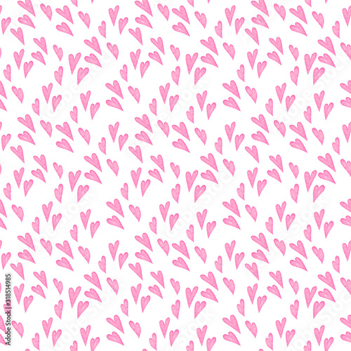 Hand drawn seamless pattern watercolor pink heart shapes. Flying figures of hearts. Illustration for design Valentine's Day or Woman's Day greeting cards, invitation, wallpaper, wrapping paper