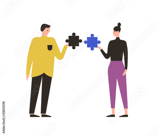 Cartoon male and female with mismatch puzzle vector flat illustration