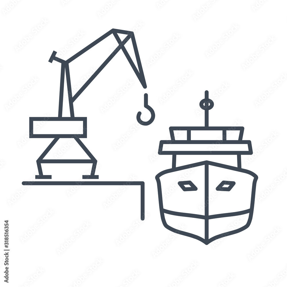 Thin line icon loading and unloading cargo ship, harbor crane Thin line icon loading and unloading cargo ship, harbor crane