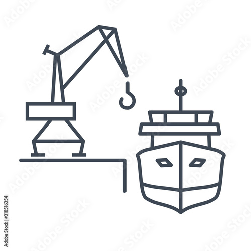 Thin line icon loading and unloading cargo ship, harbor crane