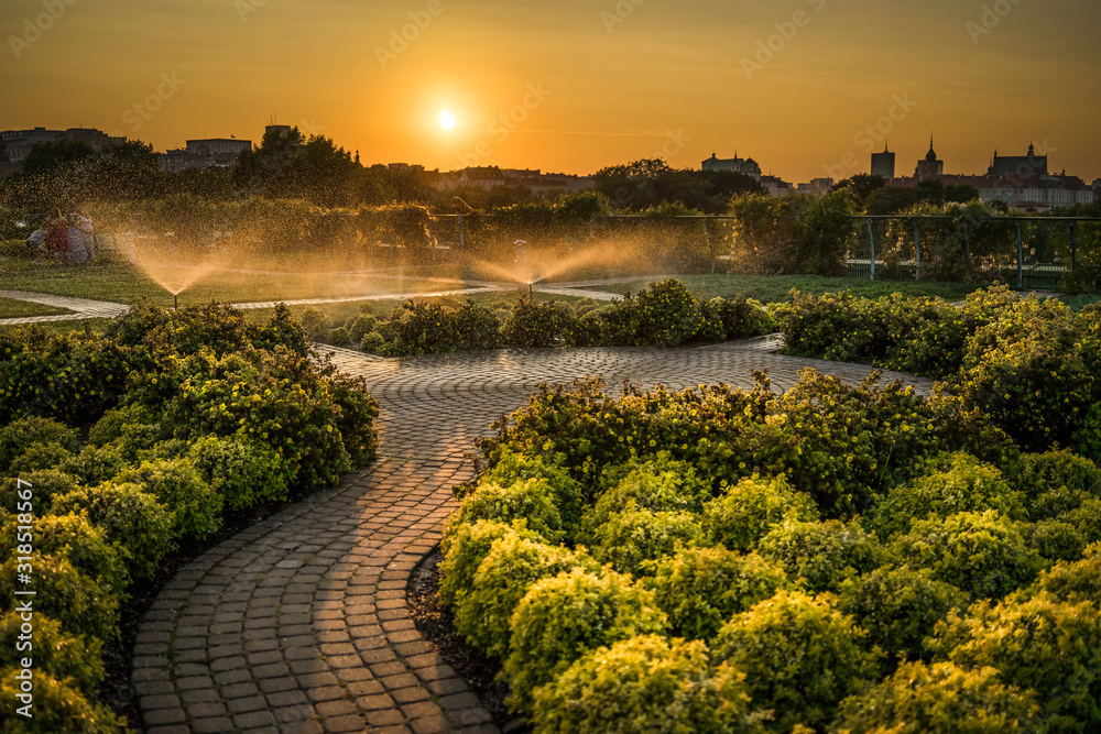 Naklejka premium Złoty zachód słońca na dachu Ogrodów Uniwersytetu Warszawskiego