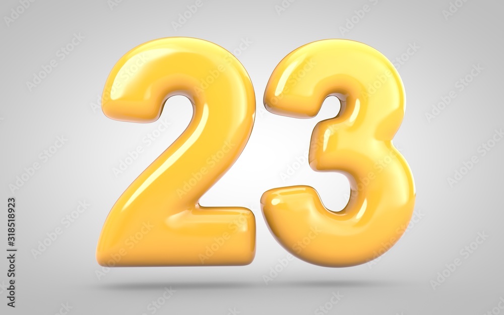 Yellow Bubble Gum number 23 isolated on white background. 3D rendered illustration. Best for anniversary, birthday party, new year celebration. Yellow Bubble Gum number 23 isolated on white background. 3D rendered illustration. Best for anniversary, birthday party, new year celebration.
