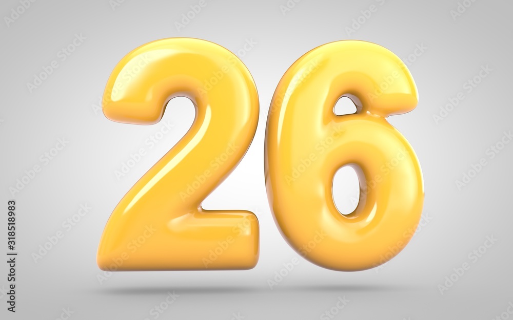 Yellow Bubble Gum number 26 isolated on white background. 3D rendered illustration. Best for anniversary, birthday party, new year celebration. Yellow Bubble Gum number 26 isolated on white background. 3D rendered illustration. Best for anniversary, birthday party, new year celebration.
