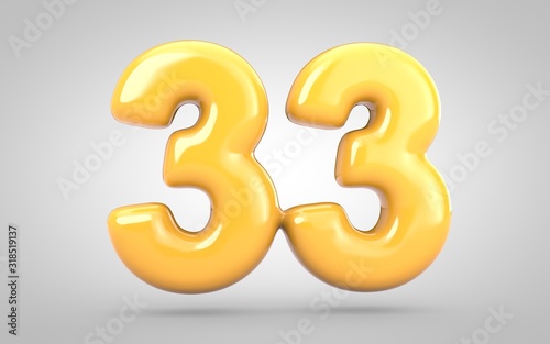 Yellow Bubble Gum number 33 isolated on white background. 3D rendered illustration. Best for anniversary, birthday party, new year celebration.