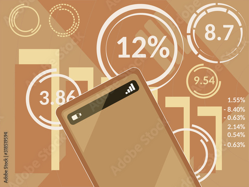 Market analytics, marketing research and data analysis illustration. Online and mobile application development. Smartphone and chart diagram with financial, SEO and other parameters