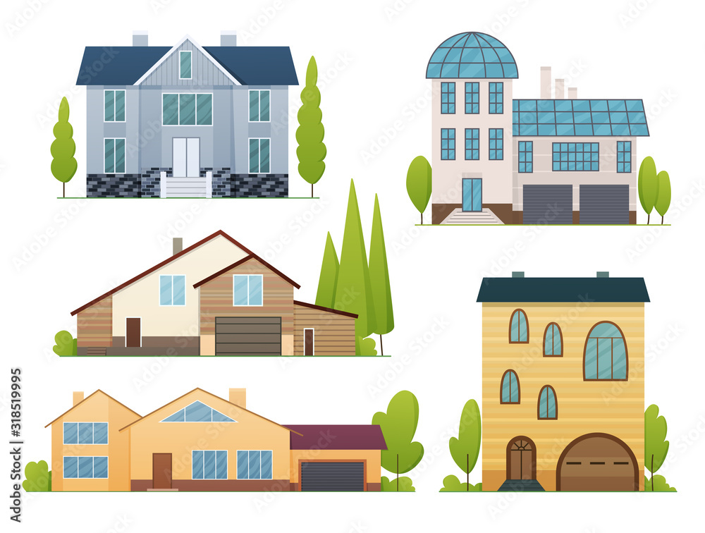 Houses exterior vector illustration front view with roof. Home facade ...