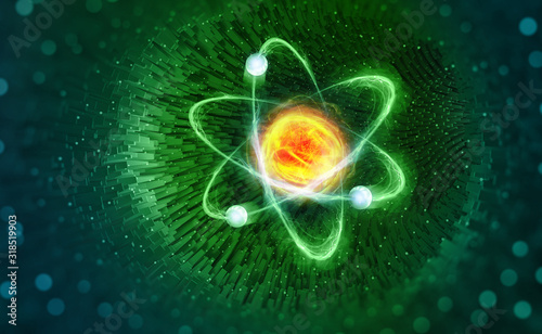 Nuclear physics. Scientific concept. Genious idea. Breakthrough research. 3D illustration of an atom on nanotechnology background photo