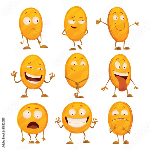 Set of coins with emotions. Icon for the game apps interface. Cartoon image of funny golden coins with arms and legs, emotions on a white background. Vector illustration