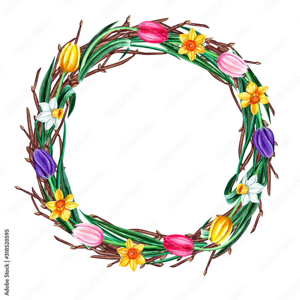 Obraz premium Watercolor spring easter wreath with flowers and branches. Isolated on white background.