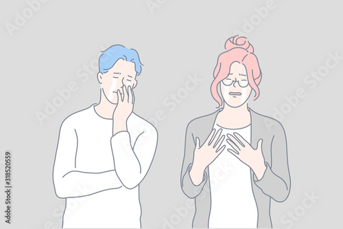 Sorrow, loss, crying, stress set concept. Young couple cries, feeling sorrow. Grievous loss raises stress level. Man and woman sorrow and weep. Boy and girl cant stop shed tears. Simple flat vector
