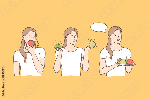 Health, vegan, fruit set concept. Young merry, cheerful woman wants to be healthy. Happy contented girl likes eco food very much. Each vegan and vegetarian prefers eating fruits. Simple flat vector