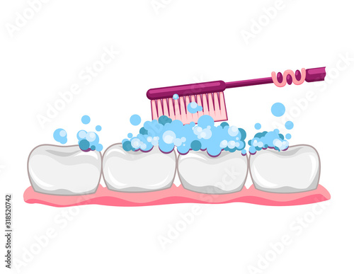 Cute tooth with toothbrush and toothpaste. Brushing clean teeth. Dental kids care. Denture in gums. Vector modern flat style cartoon character illustration