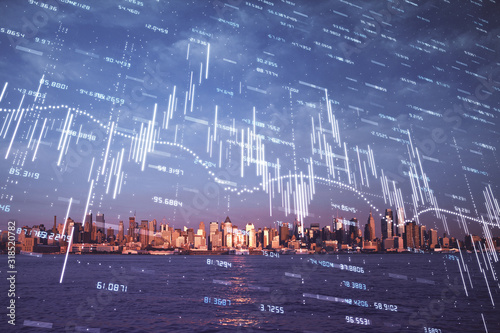 Forex chart on cityscape with skyscrapers wallpaper double exposure. Financial research concept.