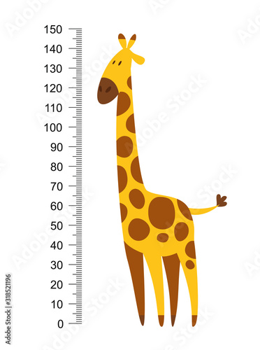 Cheerful funny giraffe with long neck. Height meter or meter wall or wall sticker from 0 to 150 centimeters to measure growth. Childrens vector illustration