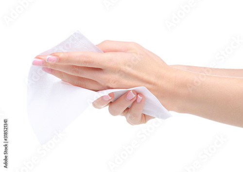 White napkin in hand on white background isolation
