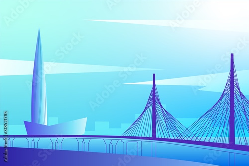 Modern Saint Petersburg cityscape illustration with Lahta skyscraper and Westen High-Speed Diameter / Современный Санкт-Петербург, небоскреб Лахта-центр, ЗСД