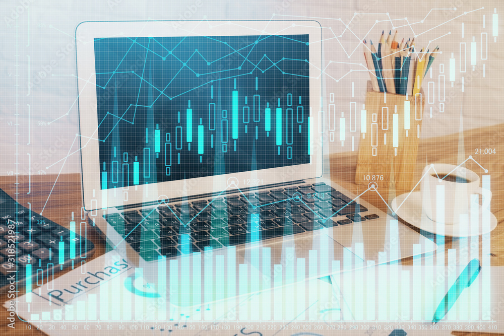 Multi exposure of forex graph and work space with computer. Concept of international online trading. Multi exposure of forex graph and work space with computer. Concept of international online trading.