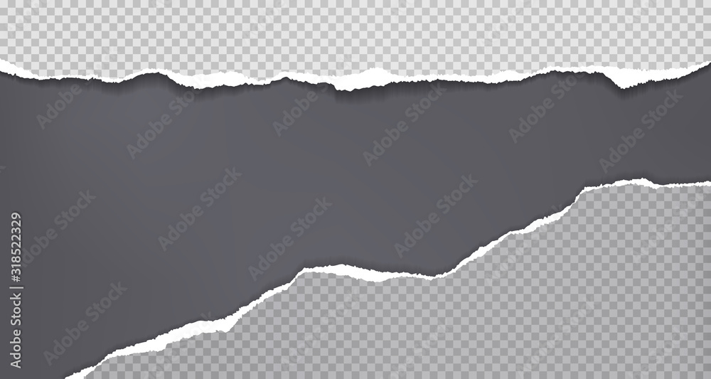 Torn, ripped pieces of squared horizontal paper with soft shadow are on black background for text. Vector illustration