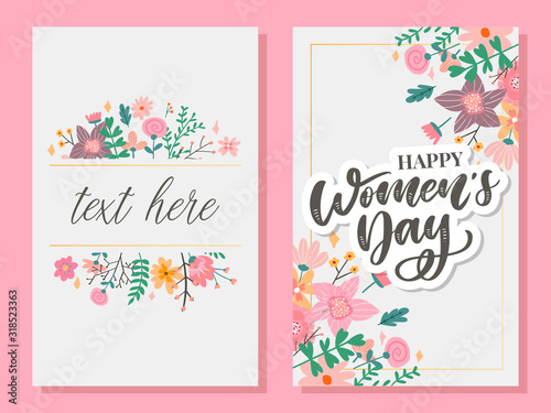 8 march. Happy Woman's Day Vector congratulation card with linear floral wreath
