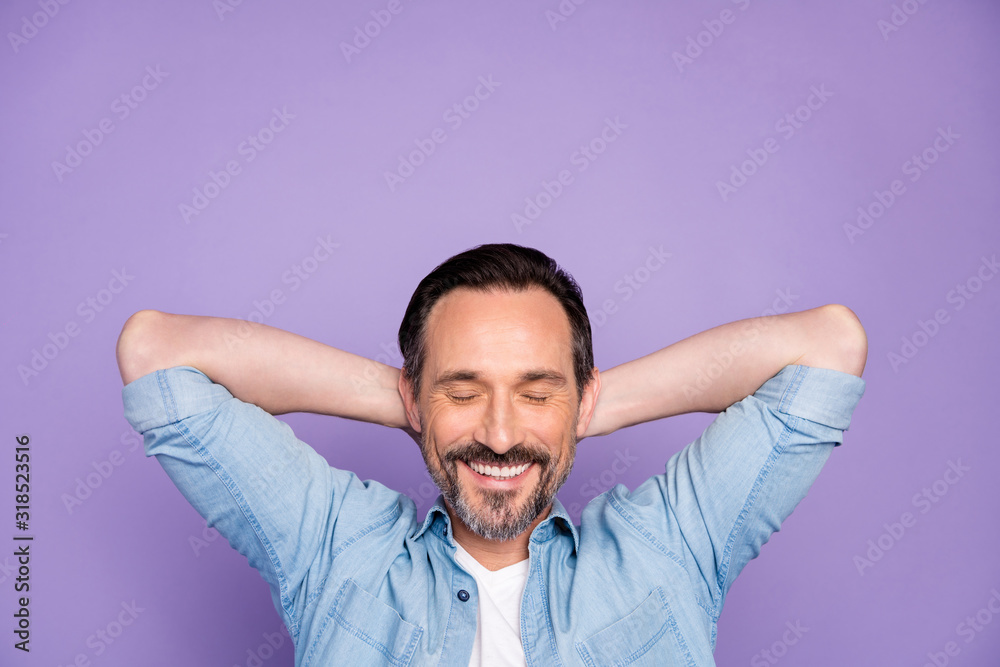 Top above high angle view photo of positive peaceful man have relax rest sleep asleep feel glad emotions wear modern outfit isolated over violet color background Top above high angle view photo of positive peaceful man have relax rest sleep asleep feel glad emotions wear modern outfit isolated over violet color background
