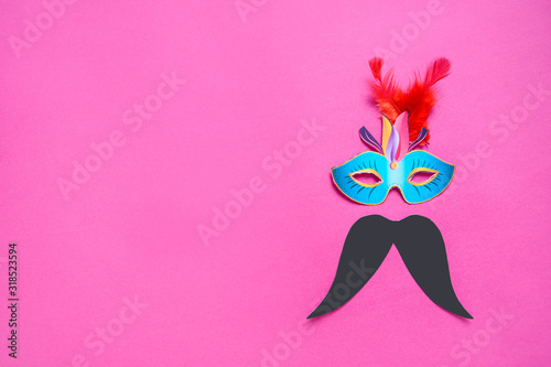 Concept of carnival festival, Hand made carnival mask, mustache and hat